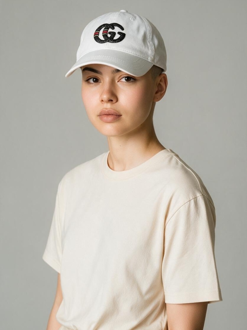 Designer-Inspired White Baseball Cap with Black rhinestone Interlocking Logo